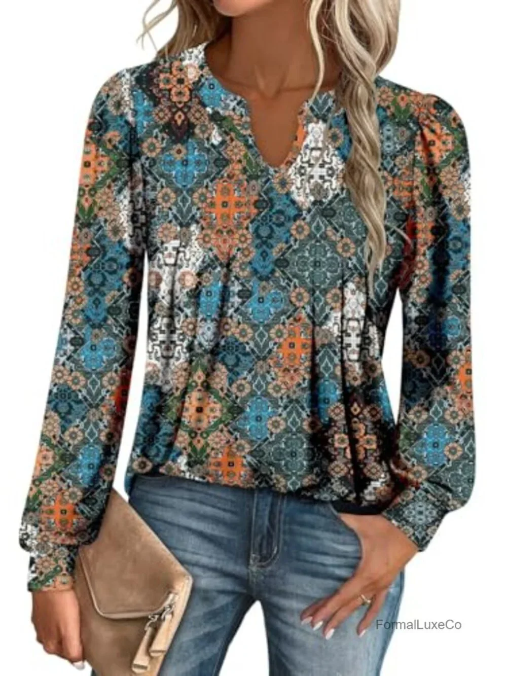 Floral Tunic Top Long Sleeve V-Neck Blouse Soft Stretchy Casual